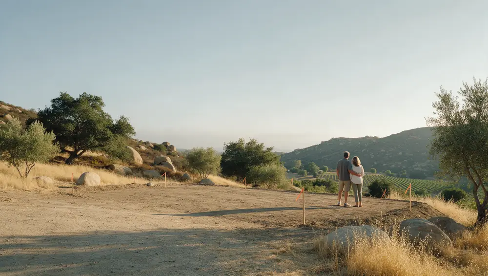 A couple stands at the edge of a bare, graded lot marked with orange survey flags, looking out over oaks and vineyards.