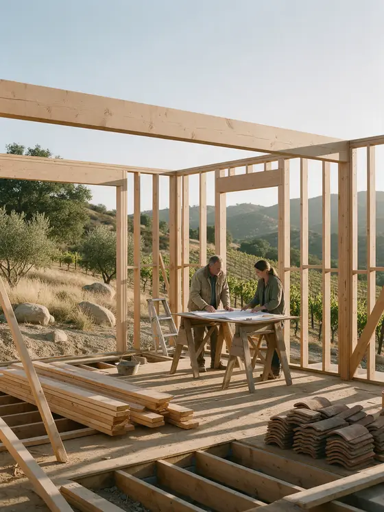 Owen Hart and Priya Raman review drawings on a plan table inside the timber framing of a house under construction.
