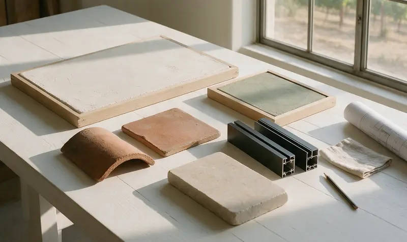 Plaster, clay roof tile, stone and black window frame samples on the design center table.