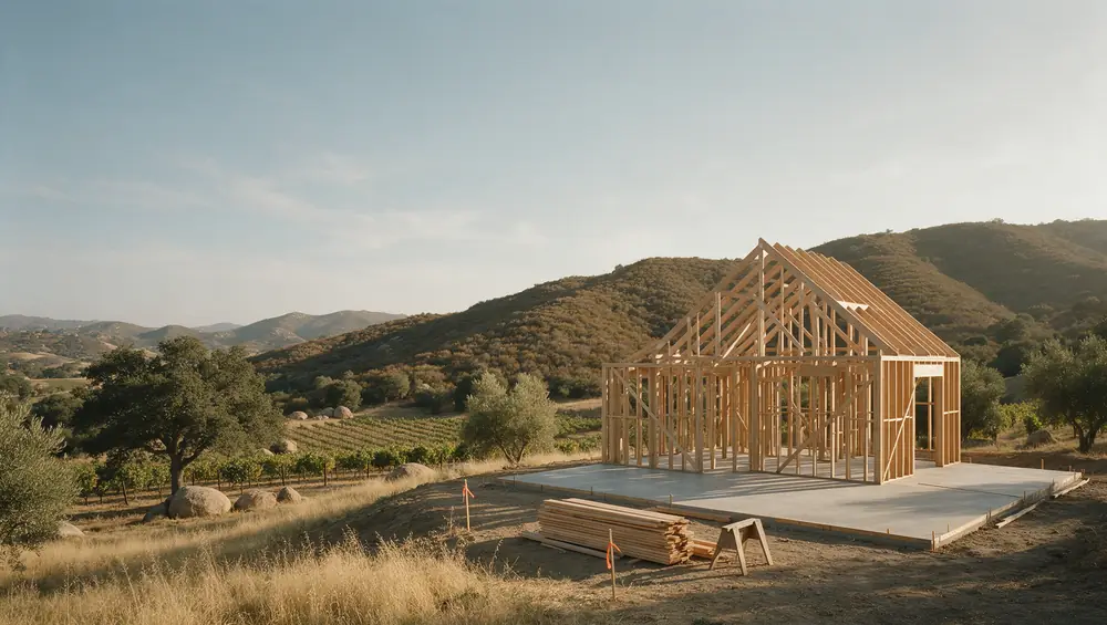 A custom home under construction at the framing stage on an owner's hillside lot in De Luz, timber walls and roof trusses standing against oaks.