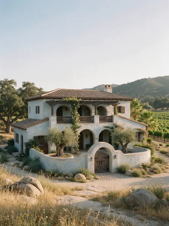 Courtyard House, a two-story Spanish revival home with an arched gate and upper loggia, among vineyards in Temecula Wine Country.