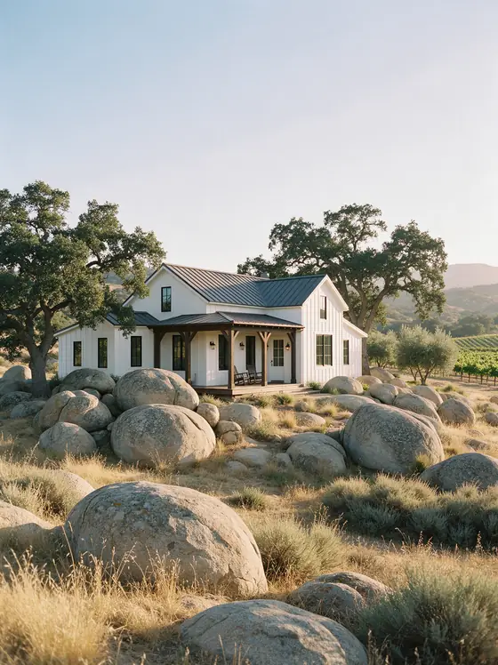 Boulder House, a white modern farmhouse with a dark metal roof, set among large granite boulders and oaks in La Cresta.