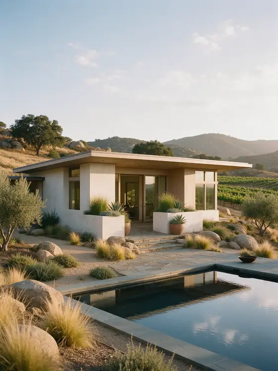 Pool Pavilion, a flat-roofed California contemporary home with floor-to-ceiling glass beside a dark lap pool in Murrieta.