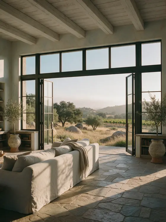 The great room of Vineyard House: limewashed walls, open steel doors and a view across the vines of Pauba Valley.