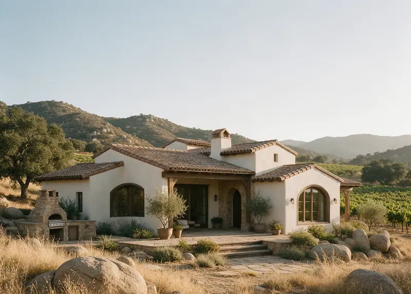 A finished custom home in the Temecula Valley at dusk, plaster walls and a clay tile roof lit warmly against the hills.