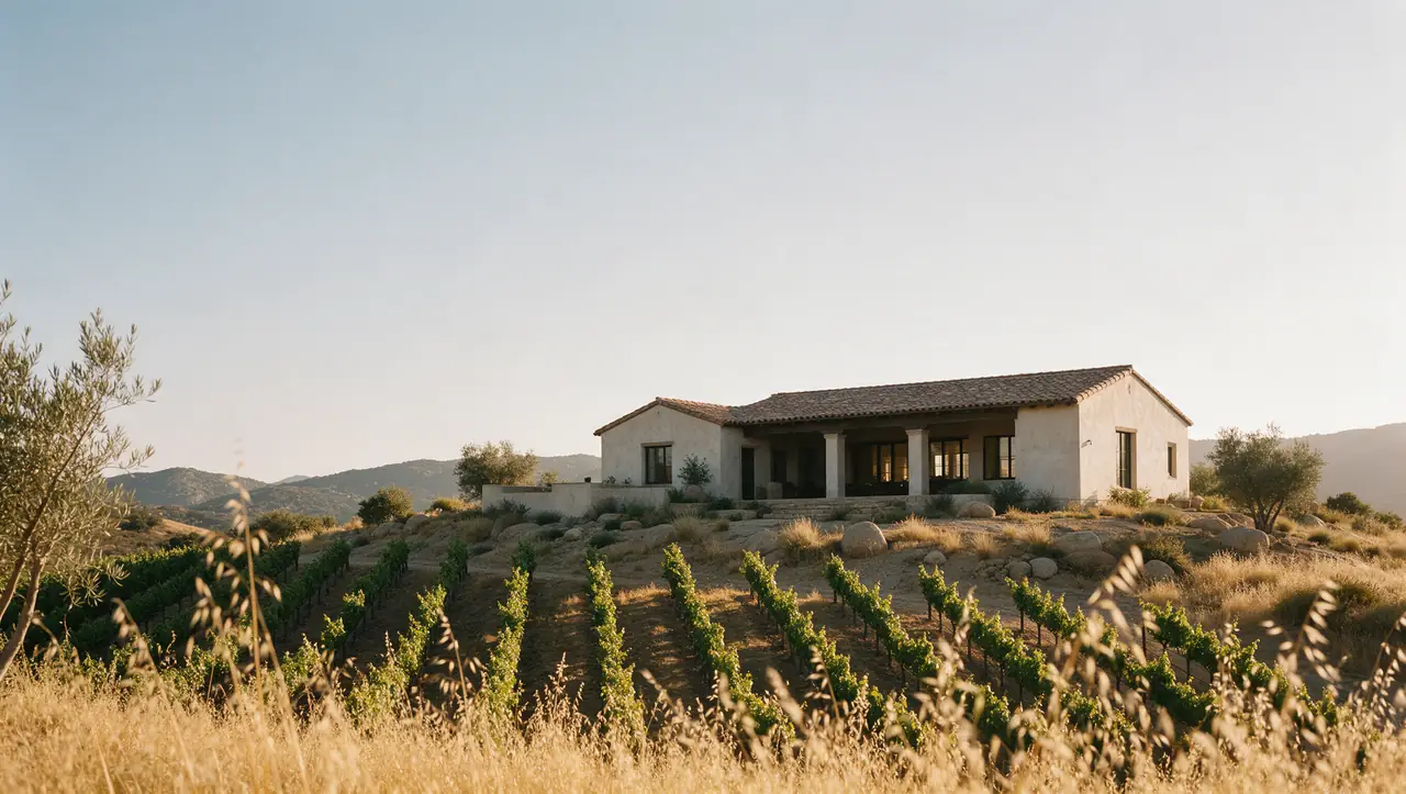 Ridge House, a single-story modern hacienda with a clay tile roof, on a ridge above young vines in De Luz at golden hour.