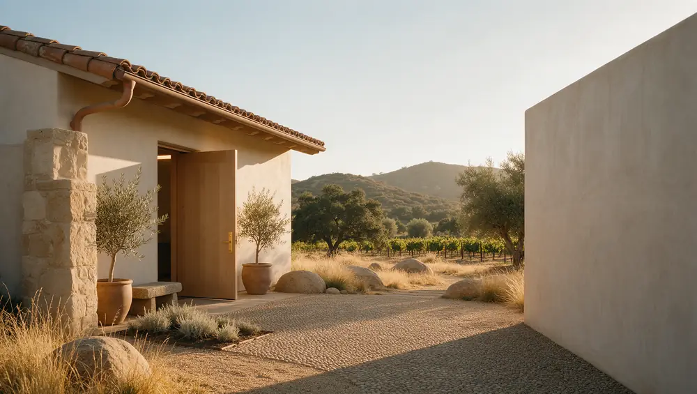 The model home entry: a plaster wall, clay tile eave, a wide oak door standing open and olive trees in pots.