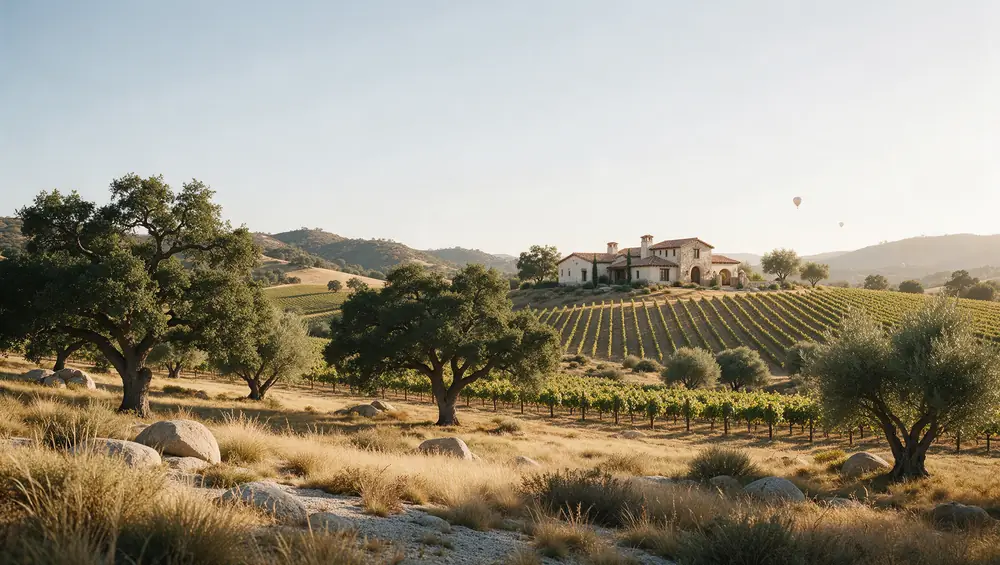 Rolling vineyard hills near Temecula at golden hour, with oaks and a gravel road leading toward a distant ridge.